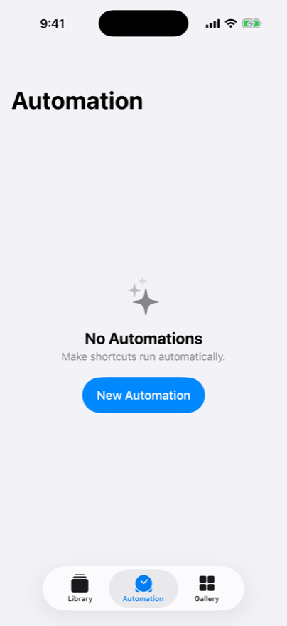 The Shortcuts app Automation tab with a New Automation button